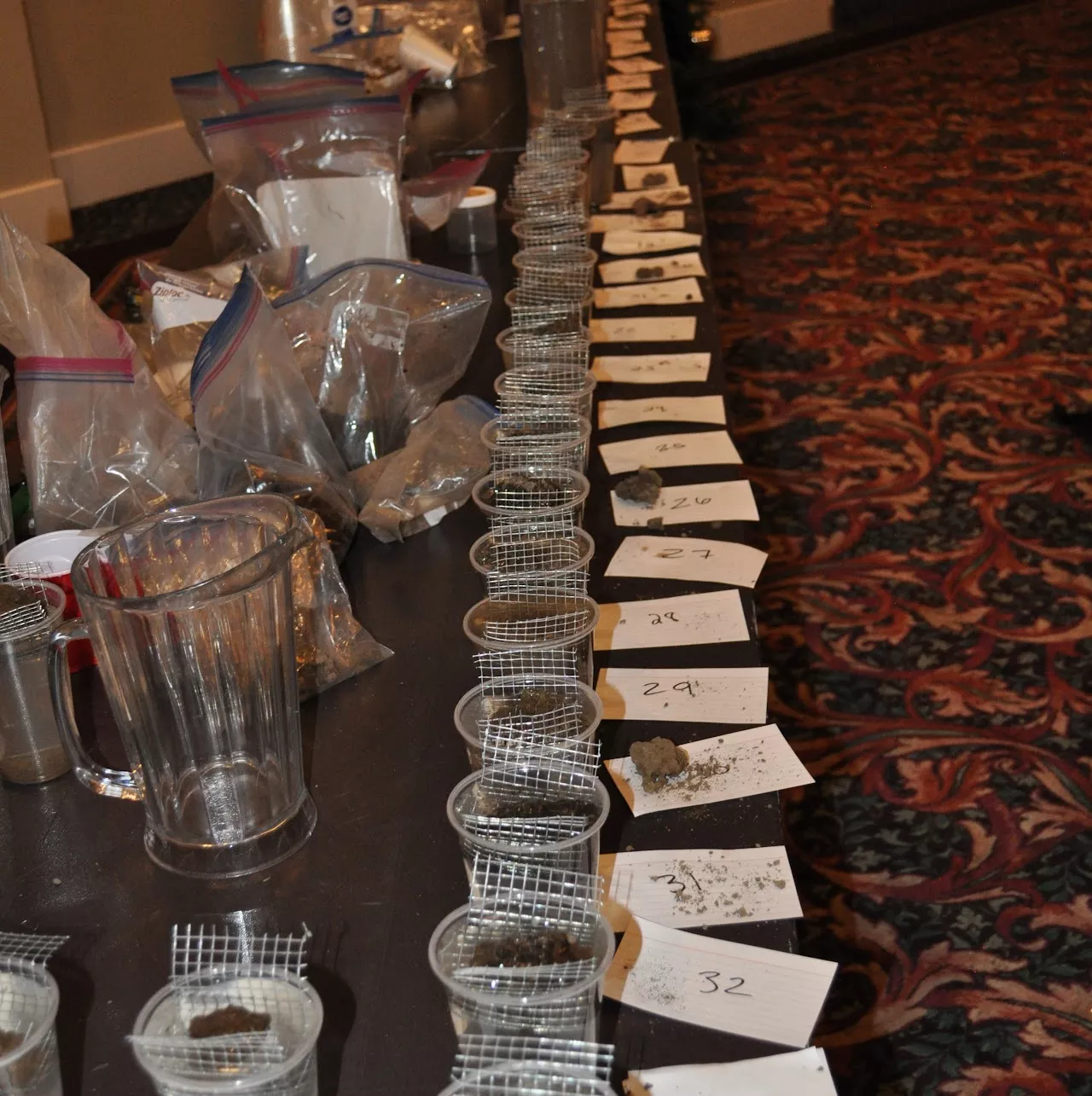 rows of cups and papers on a table